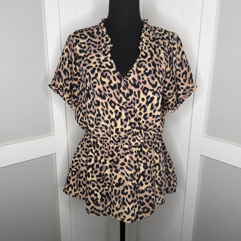 Versona Peplum Blouse Womens Medium Tan Leopard Print Ruffle V-Neck Top